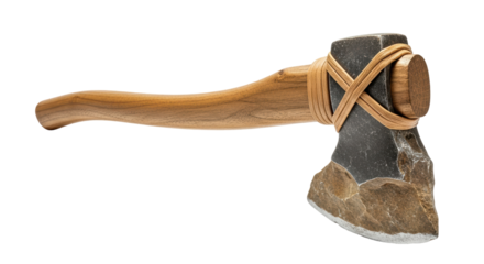 Isolated Paleolithic axe. Stone Age tool with wooden handle and stone blade, tied with twine