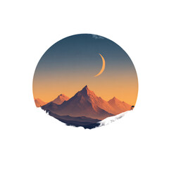 Serene Mountain Landscape with Gradient Sunset and Crescent Moon
