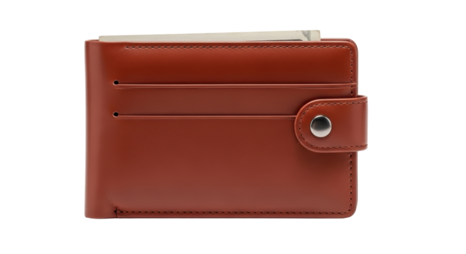 Isolated brown leather wallet with paper money inside for cash payments and currency savings