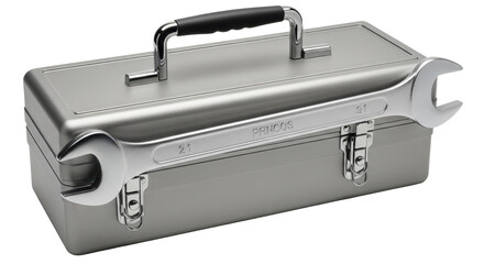 Isolated toolbox with wrench laying across the box, gray color and metal handle, top view
