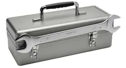 Isolated toolbox with wrench laying across the box, gray color and metal handle, top view