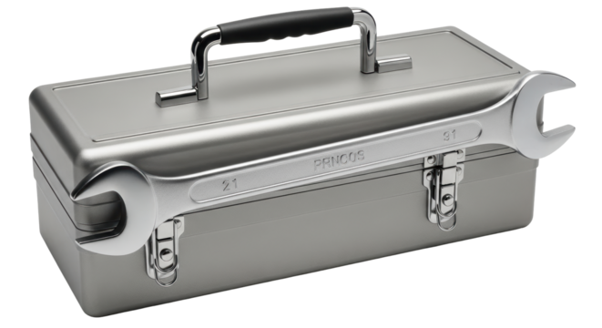 Isolated toolbox with wrench laying across the box, gray color and metal handle, top view