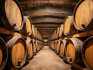 Wine barrels in cellar highlight traditional storage