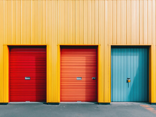 Colorful garage doors in a modern urban setting