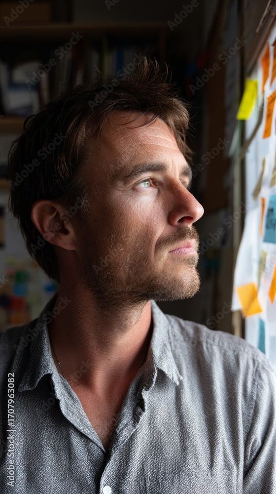 Poster man gazes thoughtfully while standing by a window filled with colorful sticky notes in a creative wo