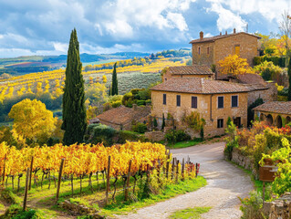 A picturesque winery nestled in rolling hills showcases golden vineyards during autumn. The stone building blends seamlessly with the colorful landscape under a blue sky.