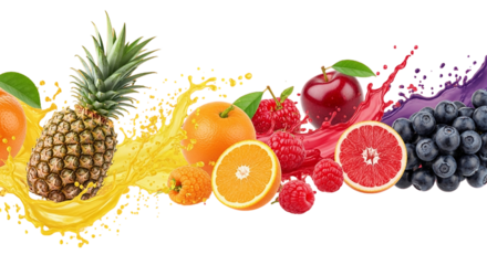 A vibrant explosion of fresh fruits cascading with colorful juices representing health and on transparent background
