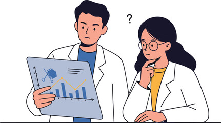 Two scientists analyzing data charts and graphs, discussing research results, problem-solving, teamwork in lab, scientific study, data interpretation, innovation, education, collaboration, 