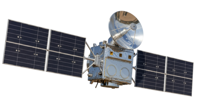 Isolated Spacecraft with Solar Panels and Dish Antenna for Telecommunications Transmissions