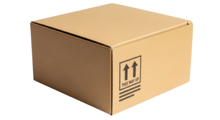 Isolated cardboard box on surface, blank shipping package, fragile cargo container