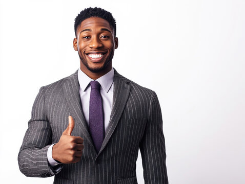 A man dressed in a striped suit and purple tie smiles confidently while giving a thumbs up. The background is bright and inviting, conveying positivity and professionalism.