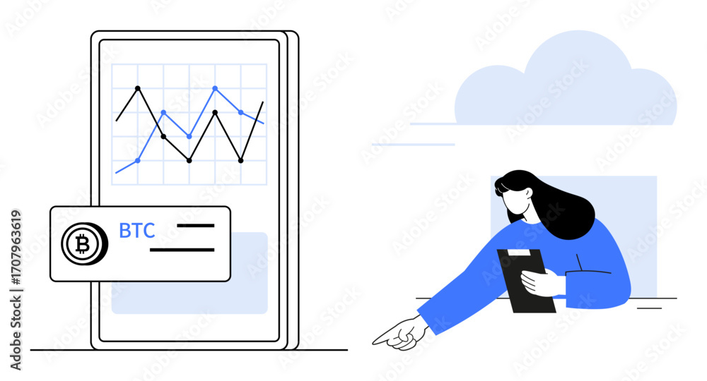 Aufkleber mobile screen displaying bitcoin trend graph, woman analyzing tablet data while gesturing towards in