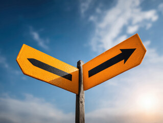 Directional road signs indicating choices at a fork in the road