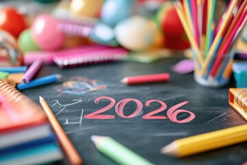 Colorful school supplies with chalkboard displaying 2026 for back-to-school season