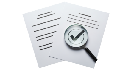 Isolated paper sheets with checkmark symbol through magnifying glass for approval concept