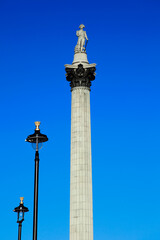 Nelson&rsquo;s Column in Trafalgar Square London England, UK, erected to celebrate Horatio Nelson's  victory at the Battle of Trafalgar over Napoleon in 1805. travel destination stock photo image
