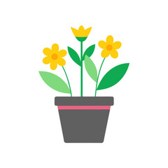 Flat Design Flower Pot with Yellow Blossoms &ndash; Simple Vector Illustration of Plant in Pot for Gardening, Nature, Decoration, and Spring Concept