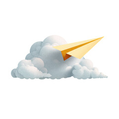 Paper Plane Flying Above Fluffy Clouds with Bright Blue Sky