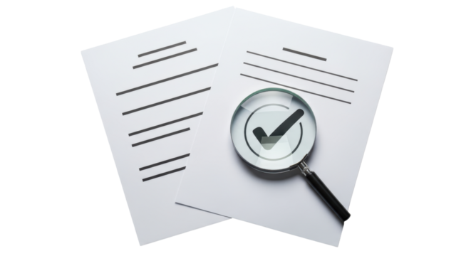 Isolated paper sheets with checkmark symbol through magnifying glass for approval concept