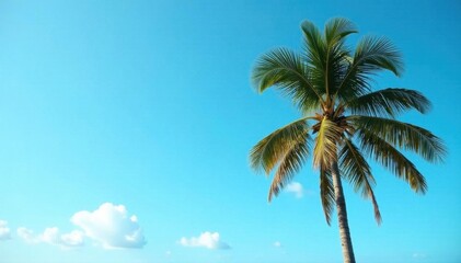 Single coconut palm silhouetted, azure sky backdrop, plant, day, beach