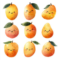 Charming Watercolor Kawaii Mango Collection with Smiling Faces