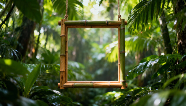 Bamboo square wooden frame hanging in lush tropical rainforest greenery with natural sunlight filtering through dense foliage and vibrant leaves - Powered by Adobe
