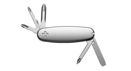 Isolated swiss army knife open, metal multitool instrument on clean cutout for design needs