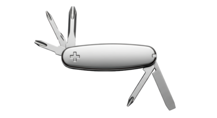 Isolated swiss army knife open, metal multitool instrument on clean cutout for design needs