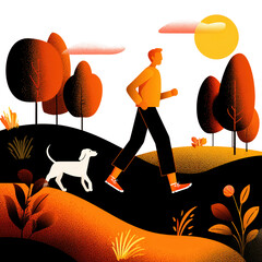 Person Walking Dog in Vibrant Autumn Landscape with Sunlight