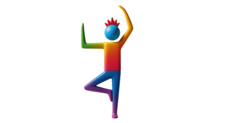 Isolated rainbow-colored figure in tree pose, demonstrating balance, flexibility, fitness, and relaxation