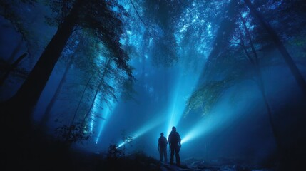 Night hike with flashlight beams (deep blue forest)
