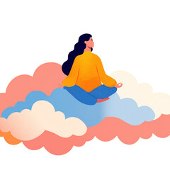 Woman Meditating in Colorful Clouds Representing Peace and Serenity