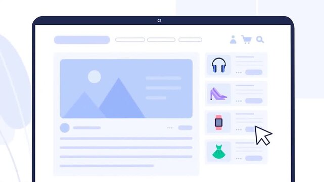 Woman using laptop for online shopping and showing products from her digital store in modern ecommerce illustration