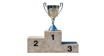 Isolated achievement concept trophy stands tall on a winner's podium in classic sports style