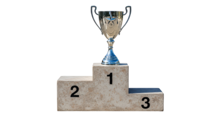 Isolated achievement concept trophy stands tall on a winner's podium in classic sports style