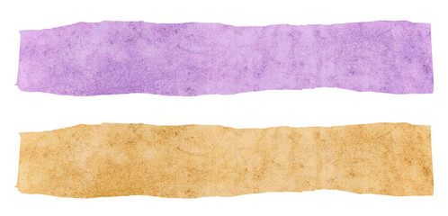Textured Torn Paper Strips Set: Purple and Golden-Brown Handcrafted Elements isolated on png, transparent background