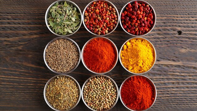 Assorted spices and herbs in metal bowls on wood - Powered by Adobe