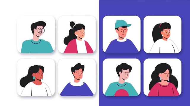 Profile avatars of multiple people in animated digital design showing diversity, community and social media users