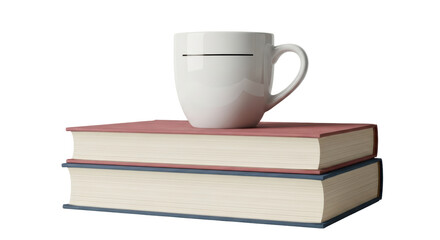 Isolated mug on two stacked books, education and reading concept, top book with reddish cover