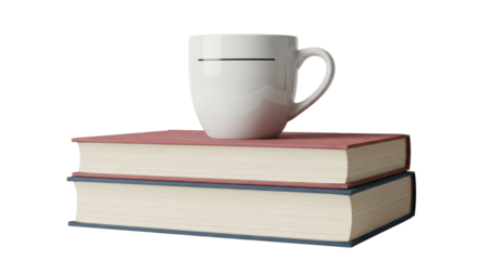 Isolated mug on two stacked books, education and reading concept, top book with reddish cover
