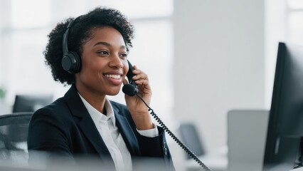 Black woman, call center and headphone with microphone, contact us and employee in customer service or telemarketing sales. Office, working and phone call, communication with agent and support