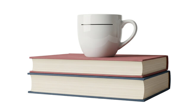 Isolated mug on two stacked books, education and reading concept, top book with reddish cover