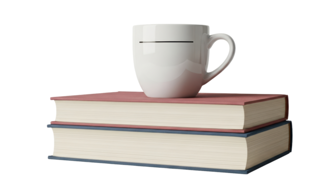 Isolated mug on two stacked books, education and reading concept, top book with reddish cover