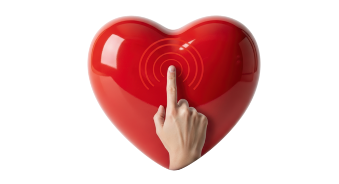 Isolated finger touching a red heart shape, symbol of love, romance and connection
