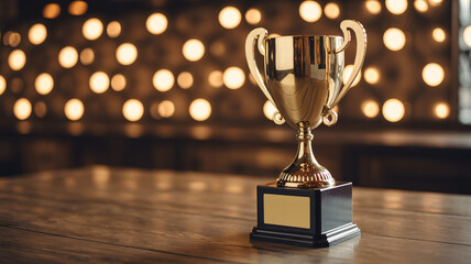 A golden trophy sits on a wooden table, illuminated by soft, bokeh lights in the background, symbolizing achievement and success