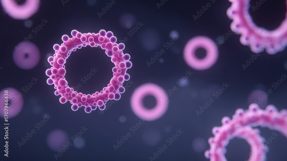 Poster abstract microscopic view of pink circular structures, possibly representing cells or viruses, set a