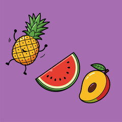 Cute Cartoon Tropical Fruits Illustration: Happy Pineapple, Watermelon Slice, and Halved Mango on Purple