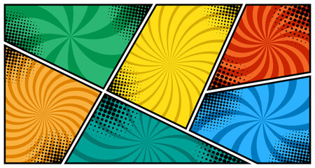 Blank colorful comic abstract background template. colorful panel comic. halftone, pop art, starburst cartoon style