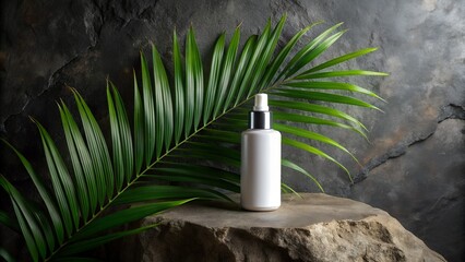 White cosmetic bottle with dropper on a stone pedestal with tropical leaves