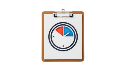 Isolated brown clipboard with a circle chart split with one section of red and one blue area